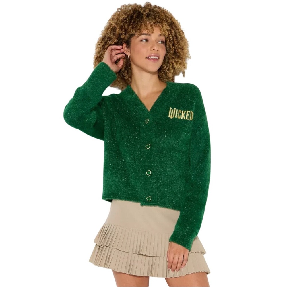 Wicked Katie Kime Women's‎ Green Heart Button Sparkle Cardigan Sweater Size XXS